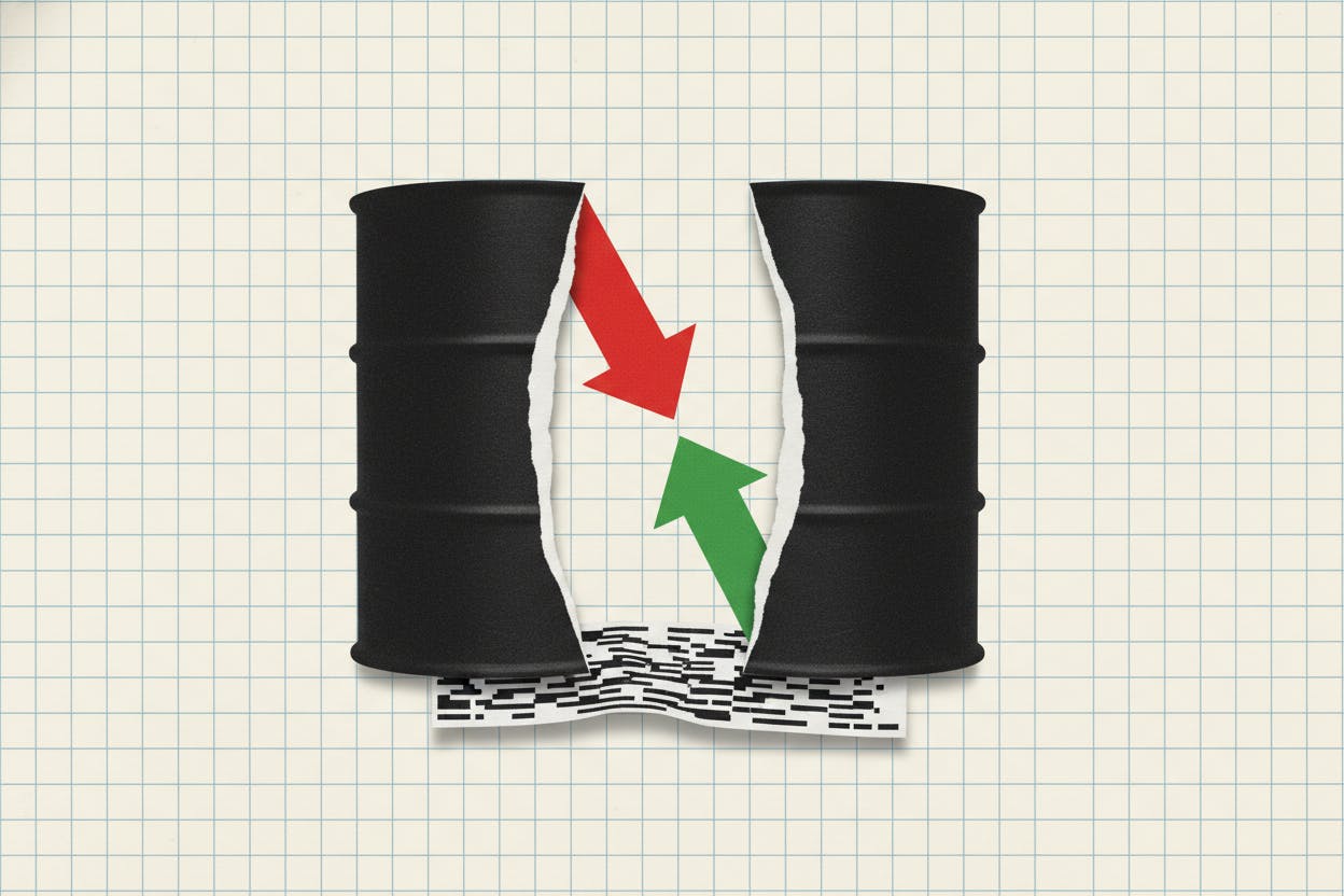 Graphic depicting the downward slide of energy stocks as global oil prices move in a different direction.