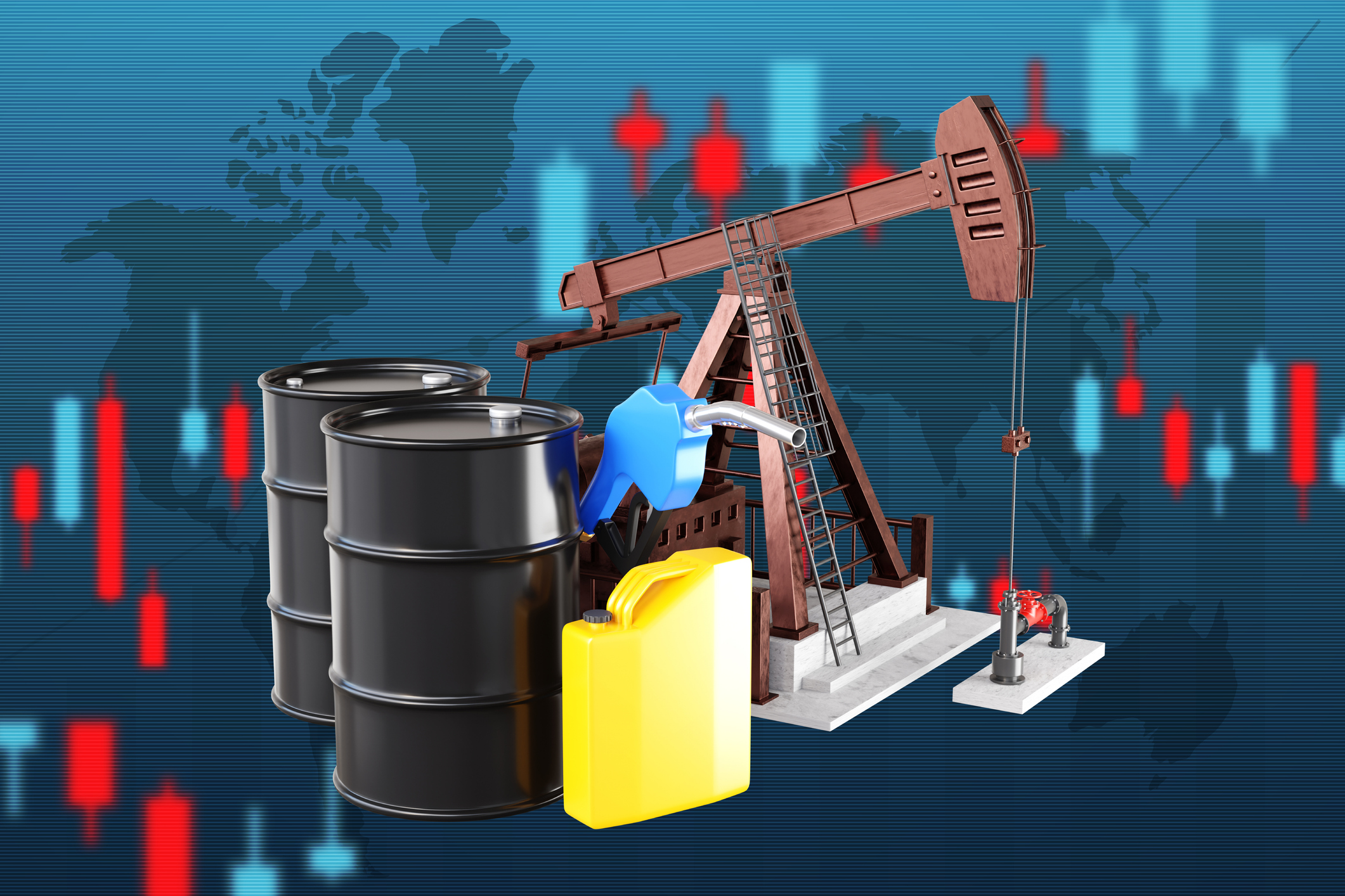 A composite image of oil barrels and a fuel nozzle overlayed on a bearish financial candlestick chart representing declining crude prices.