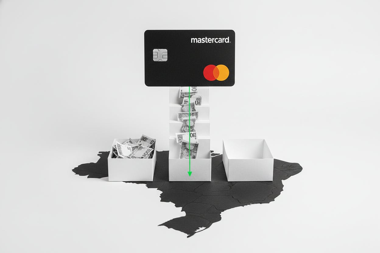 A news-style graphic or headline discussing Mastercard's financial demands on Brazilian payment processors.