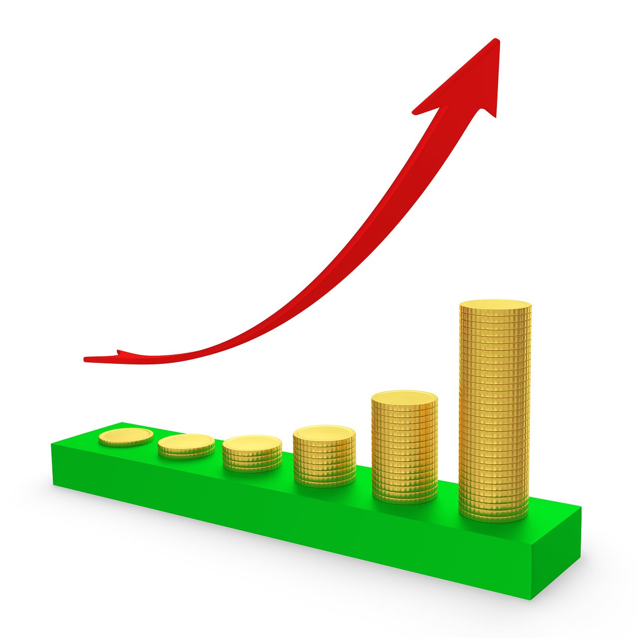 Stacks of gold coins rising alongside a green growth arrow representing savings interest.