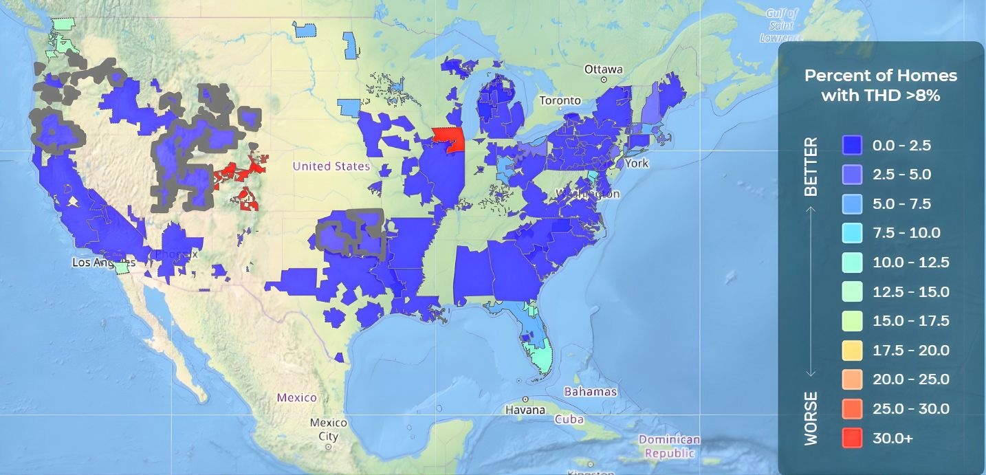 Data map of the United States showing variations in total harmonic distortion levels.