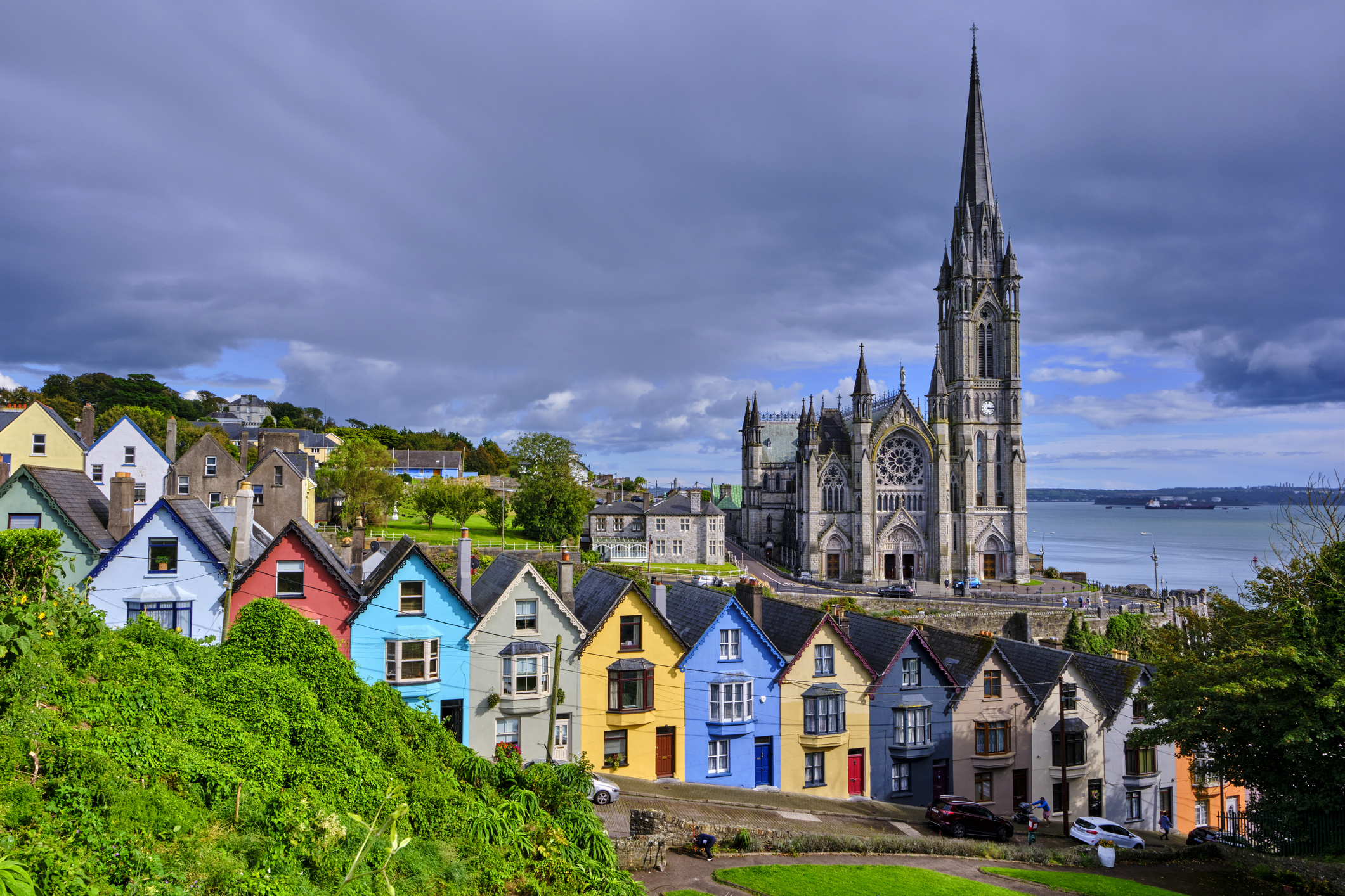 The Saint-Colman Cathedral overlooking the colorful town of Cobh in County Cork, Ireland.