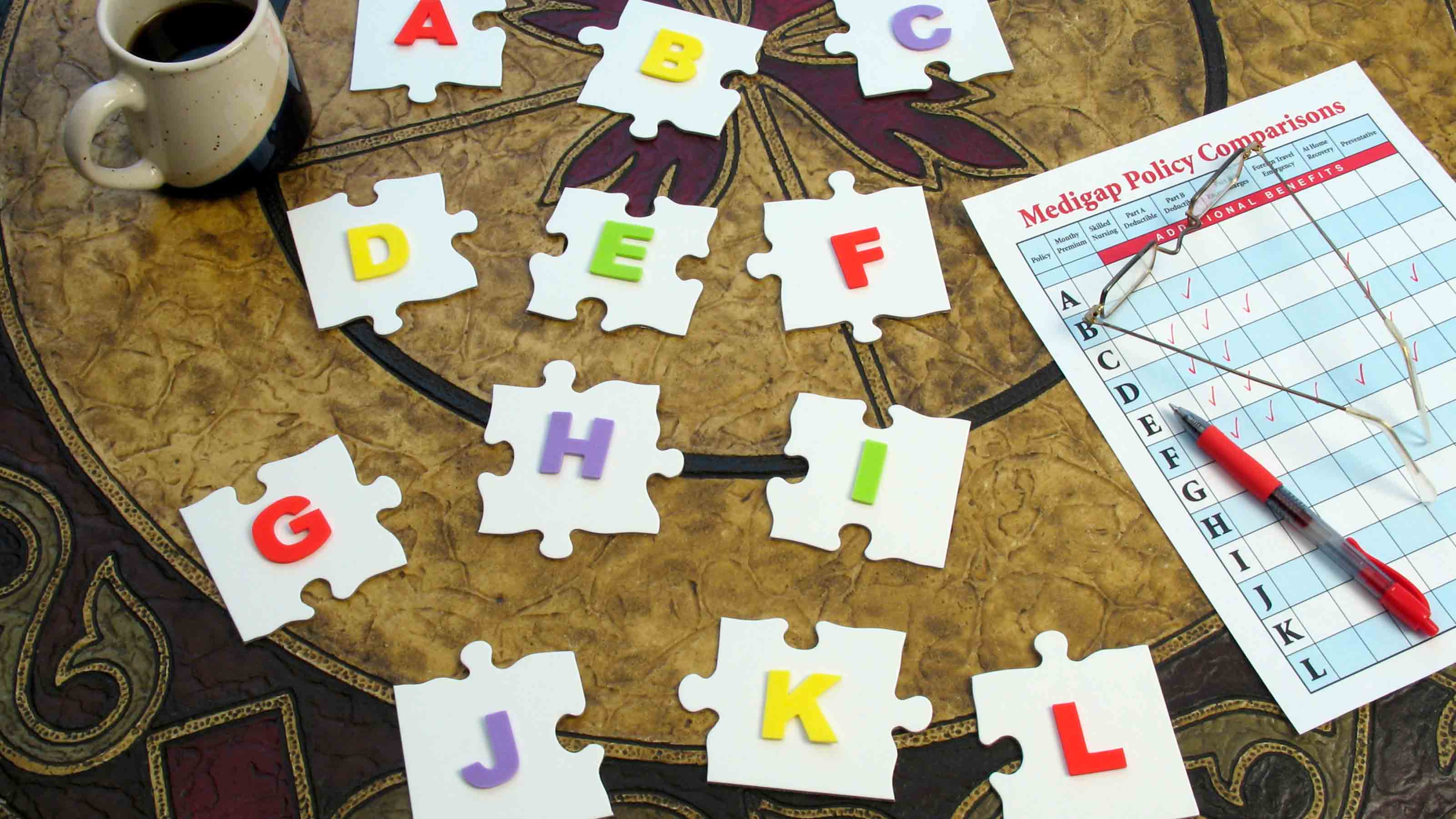 Wooden puzzle pieces shaped like letters alphabetized to represent different Medicare Supplement (Medigap) plans.