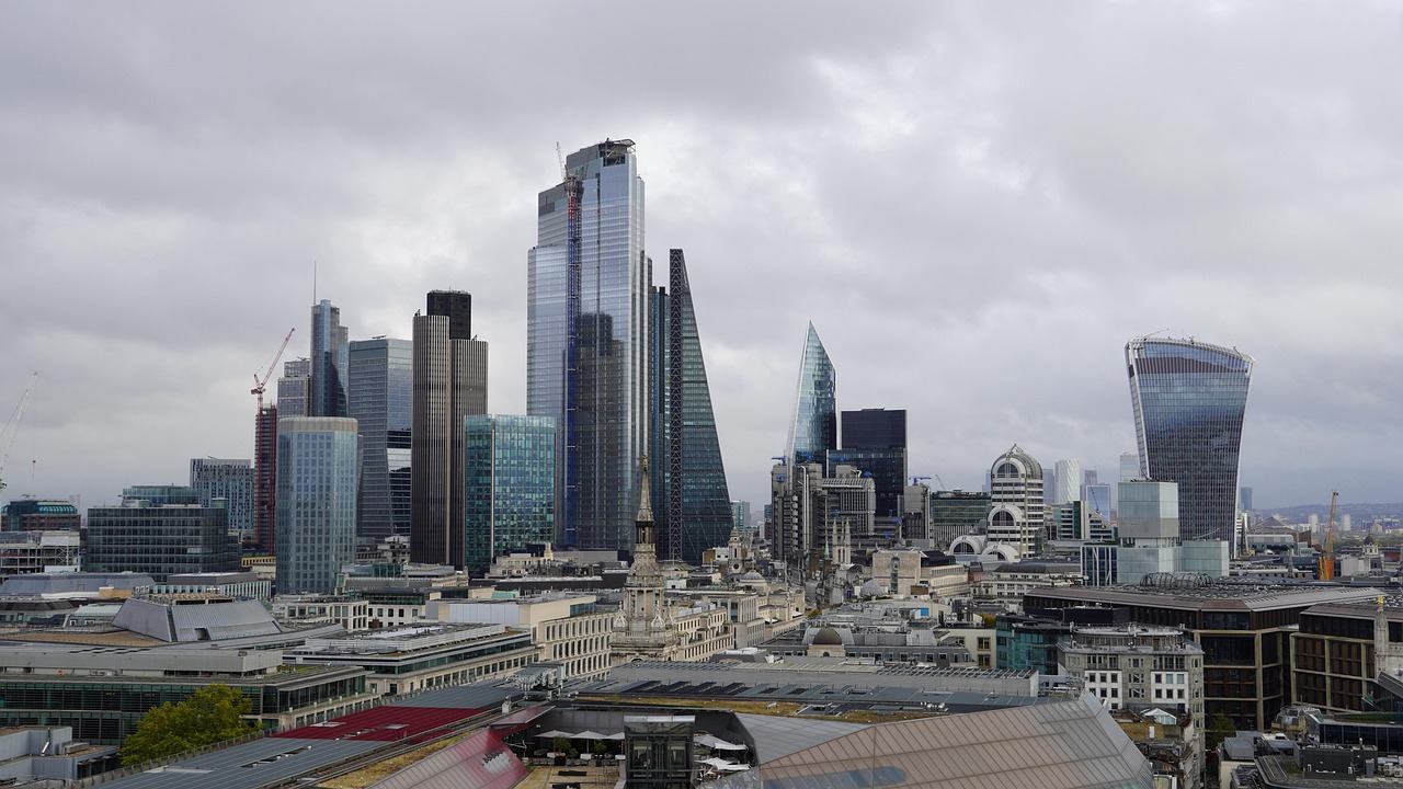 Architectural shot of London's financial heart signifying access to the London Stock Exchange and UCITS ETFs.