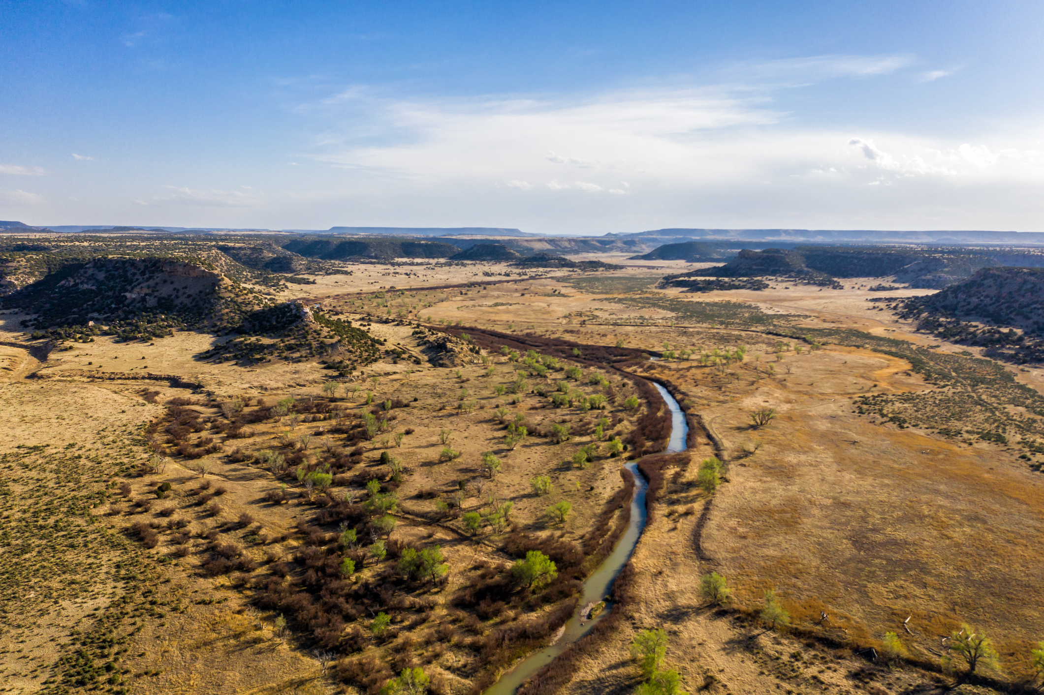 Aerial view of the dramatic canyons and plains within Comanche National Grassland.